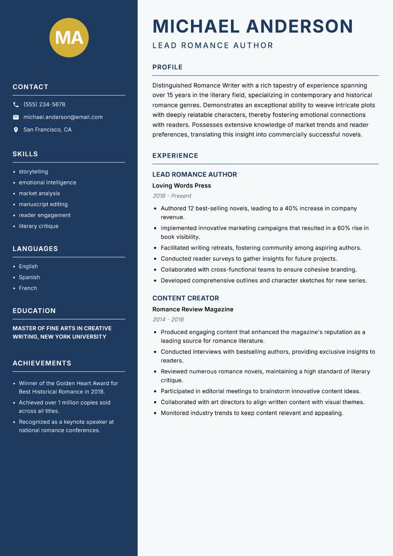 Romance Writer resume sample — Lead Romance Author focus