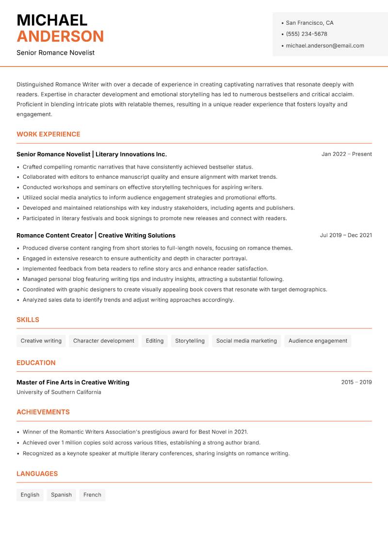 Romance Writer resume sample — Senior Romance Novelist focus