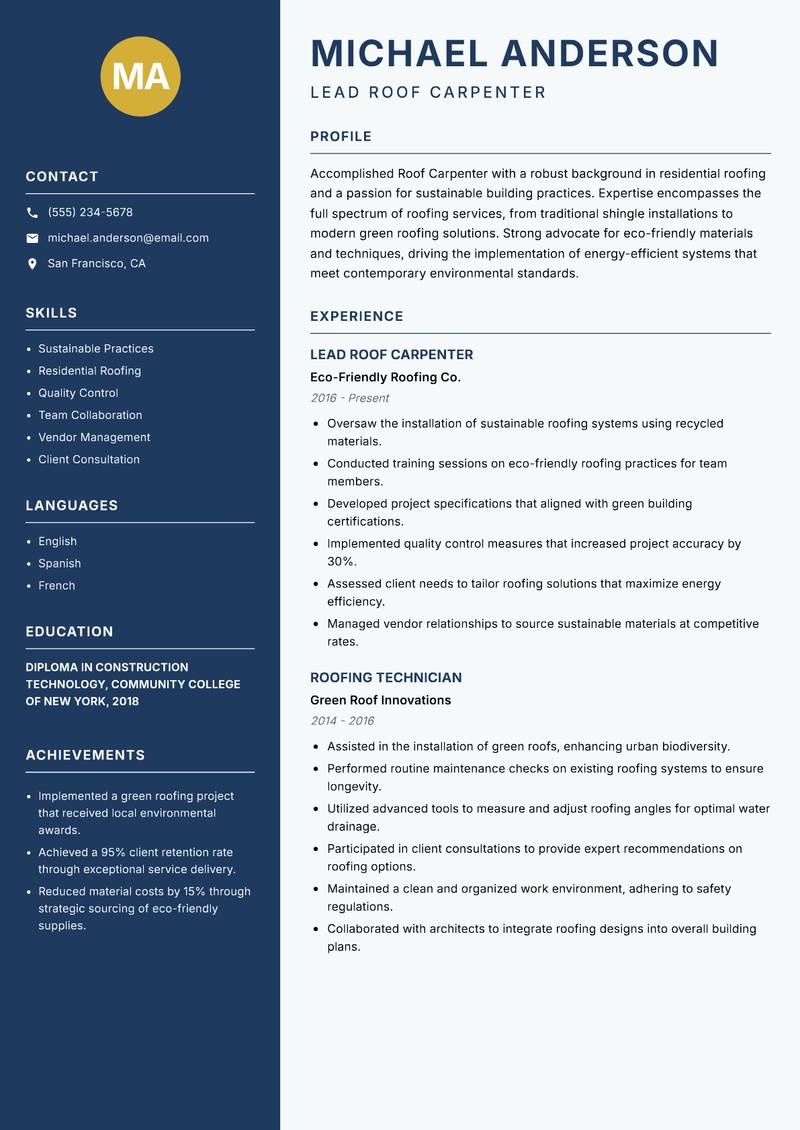 Roof Carpenter resume sample — Lead Roof Carpenter focus