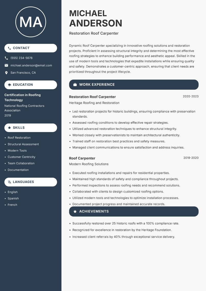 Roof Carpenter resume sample — Restoration Roof Carpenter focus