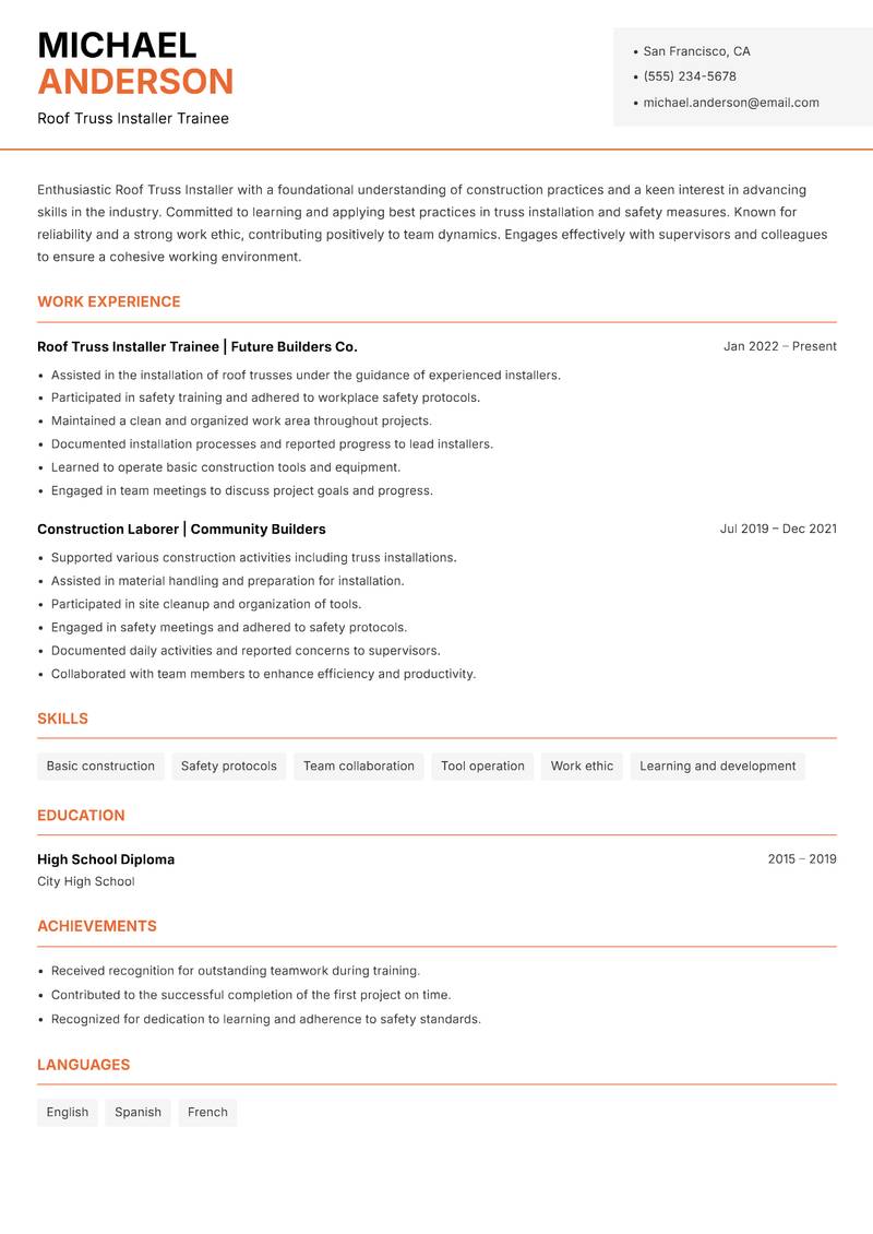 Roof Truss Installer resume sample — Roof Truss Installer Trainee focus