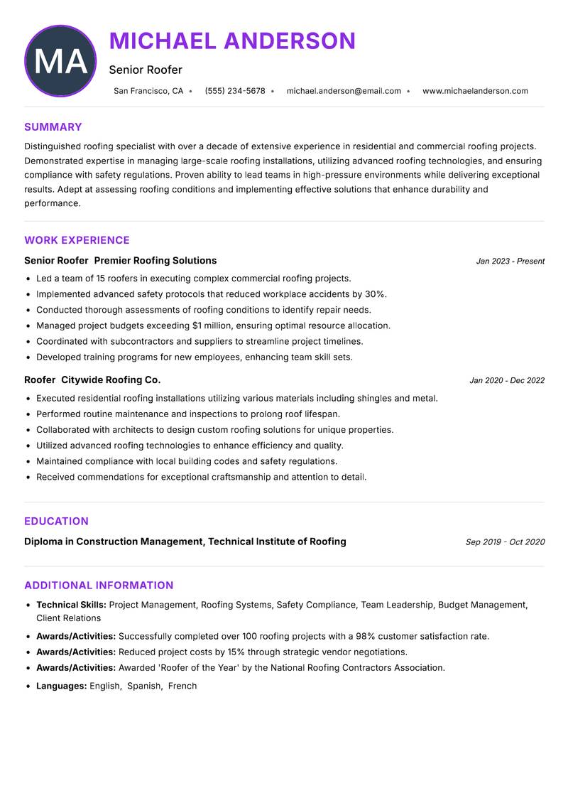 Roofer resume example
