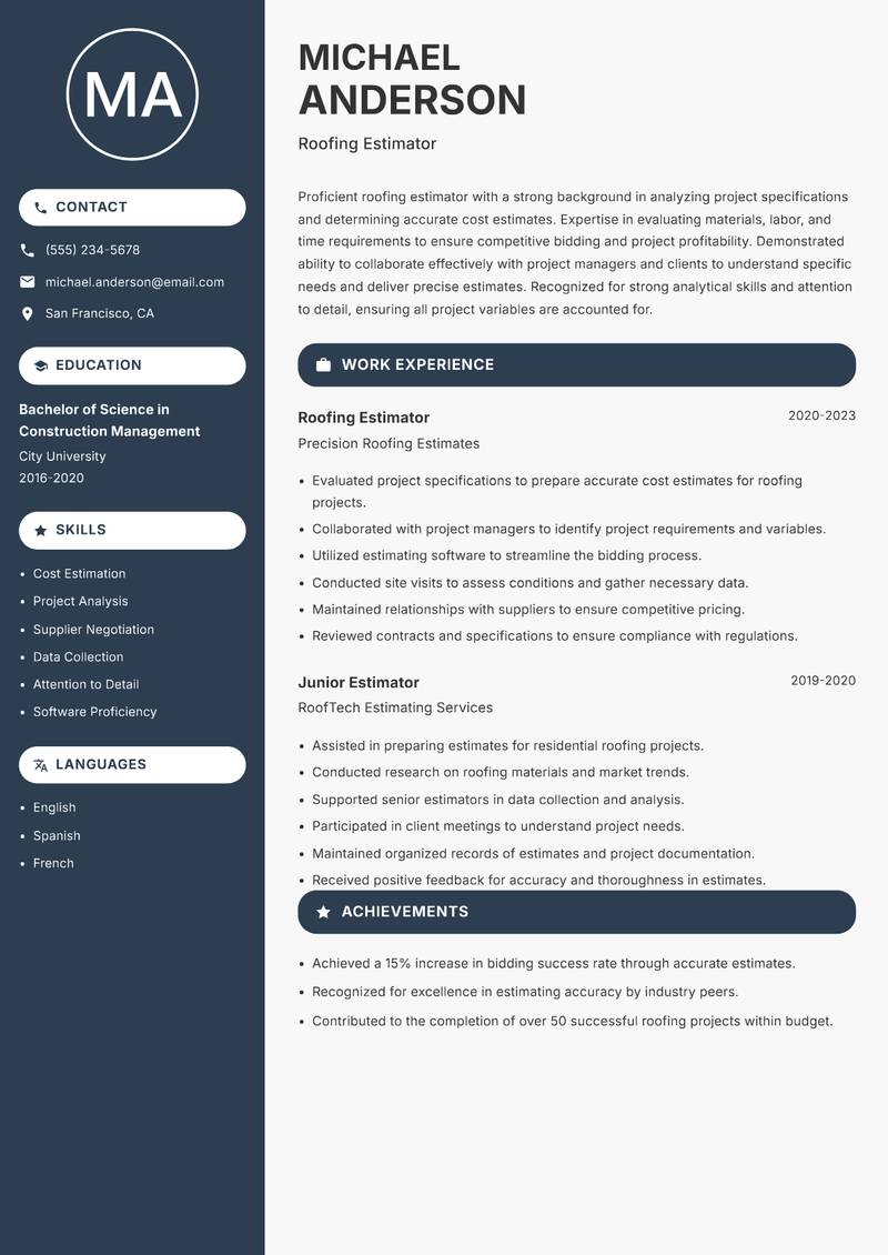 Roofer resume sample — Roofing Estimator focus