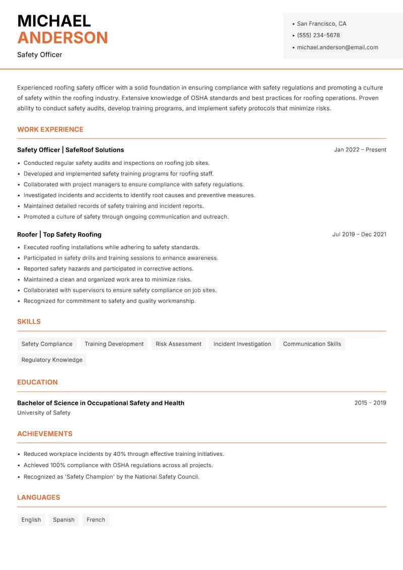 Roofer resume sample — Safety Officer focus