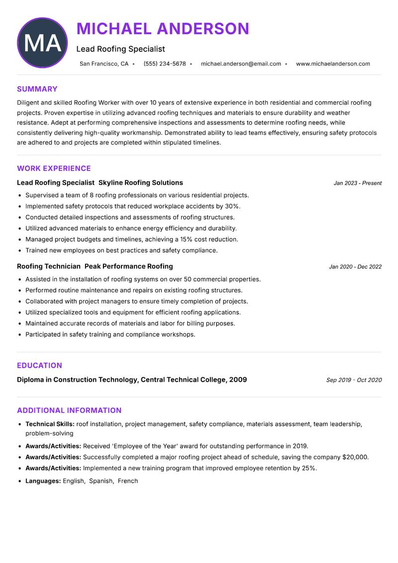 Roofing Worker resume example