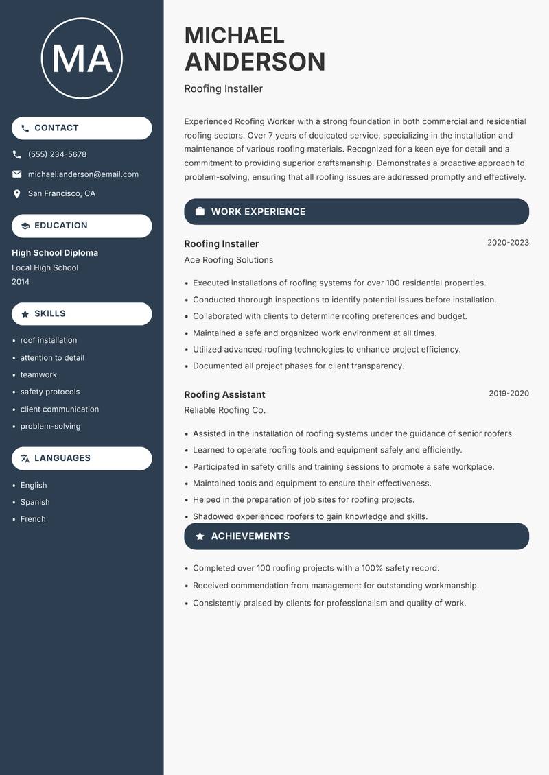 Roofing Worker resume sample — Roofing Installer focus