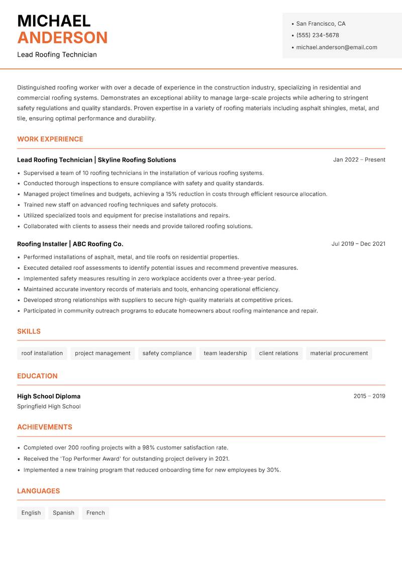 Roofing Worker resume sample — Lead Roofing Technician focus