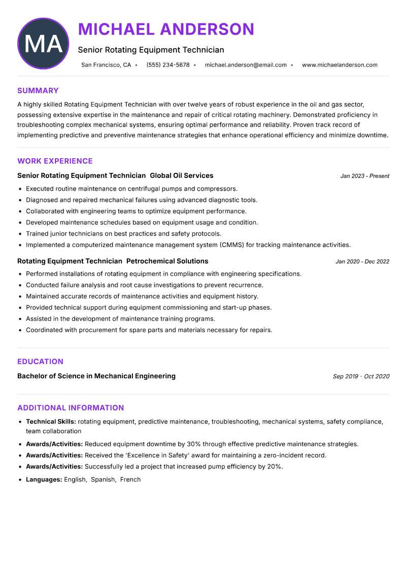 Rotating Equipment Technician resume example