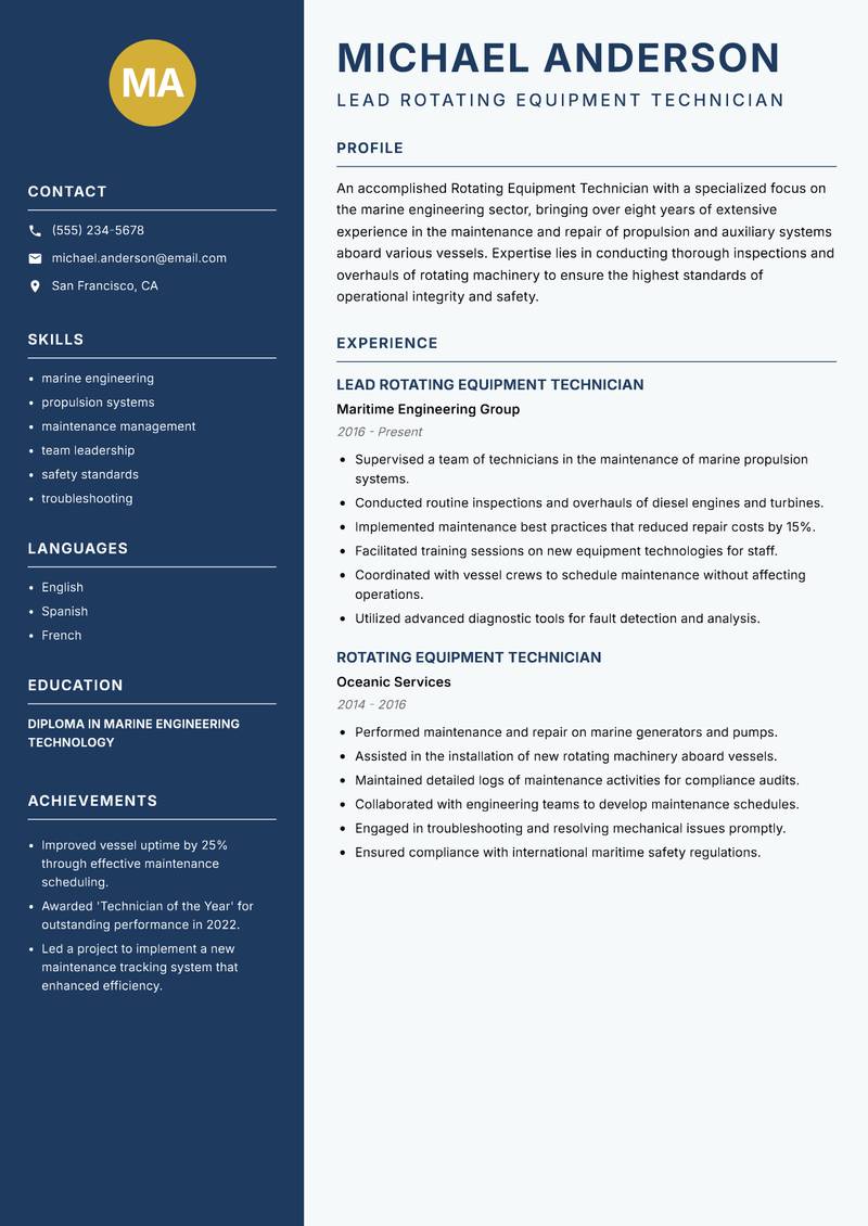Rotating Equipment Technician resume sample — Lead Rotating Equipment Technician focus