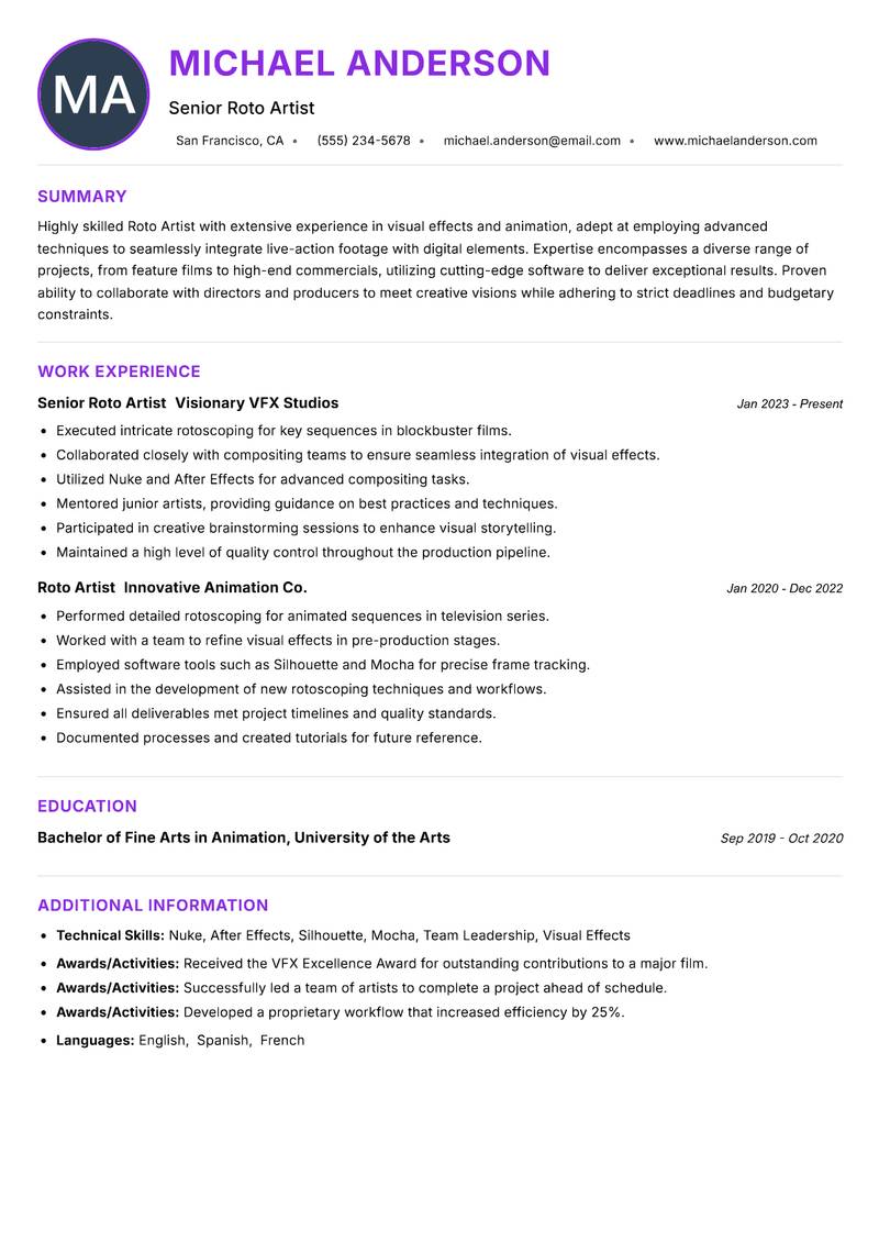 Roto Artist resume example