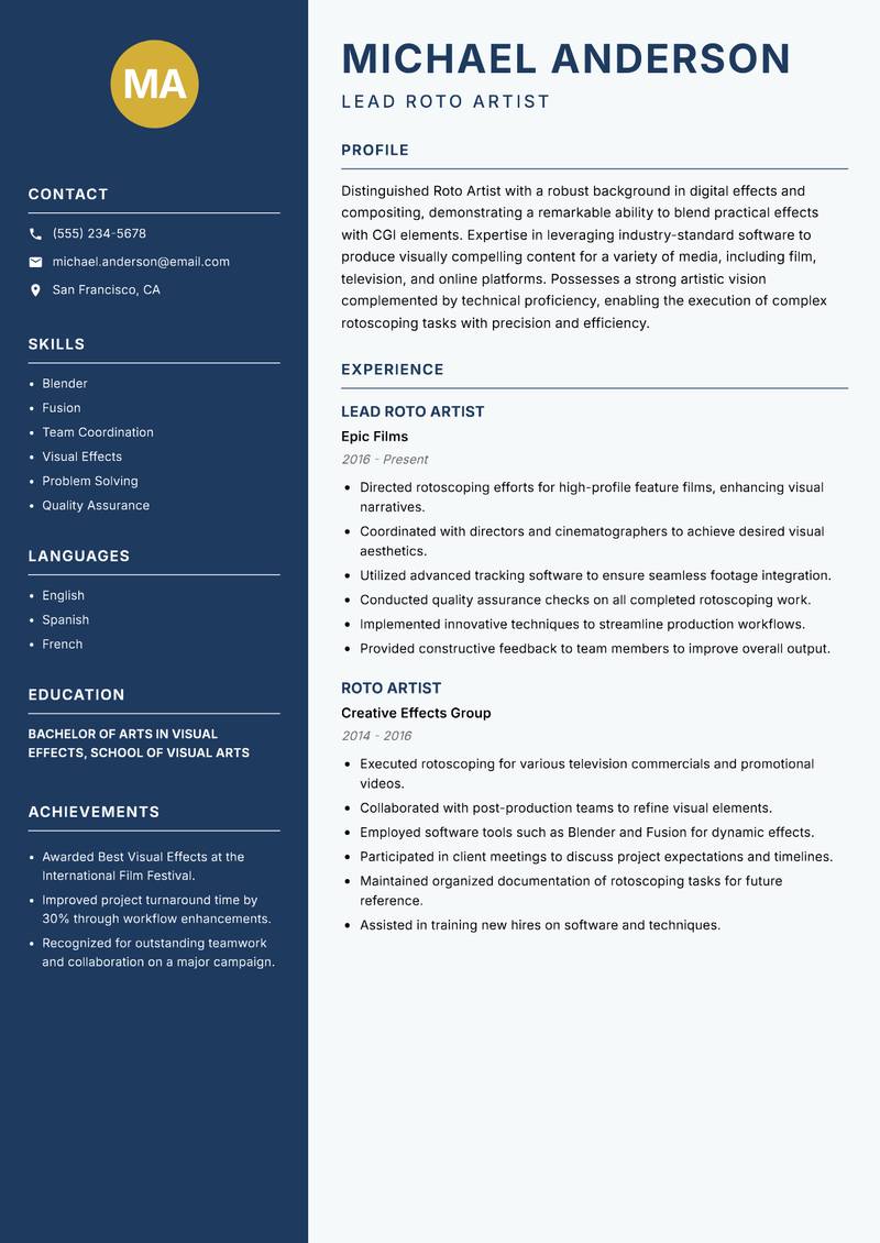 Roto Artist resume sample — Lead Roto Artist focus