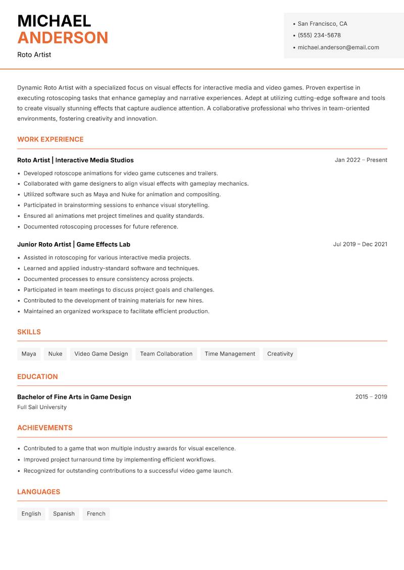 Roto Artist resume sample — Roto Artist focus