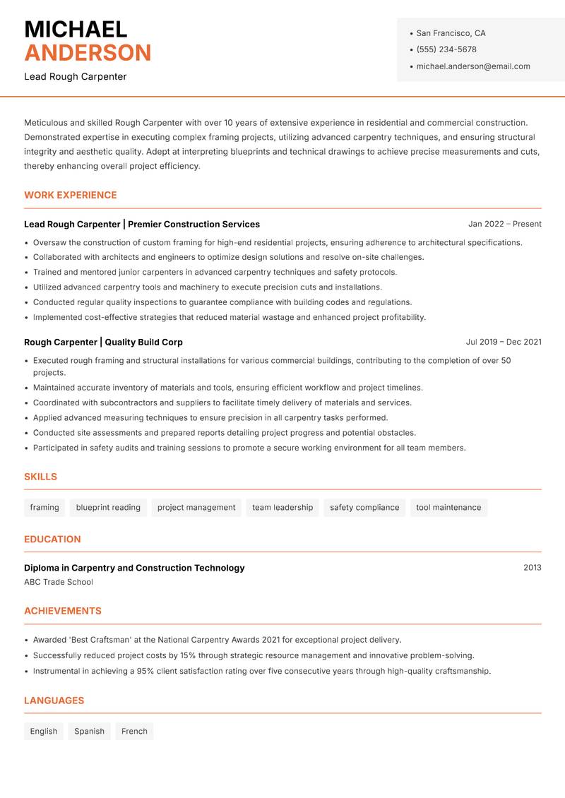 Rough Carpenter resume sample — Lead Rough Carpenter focus