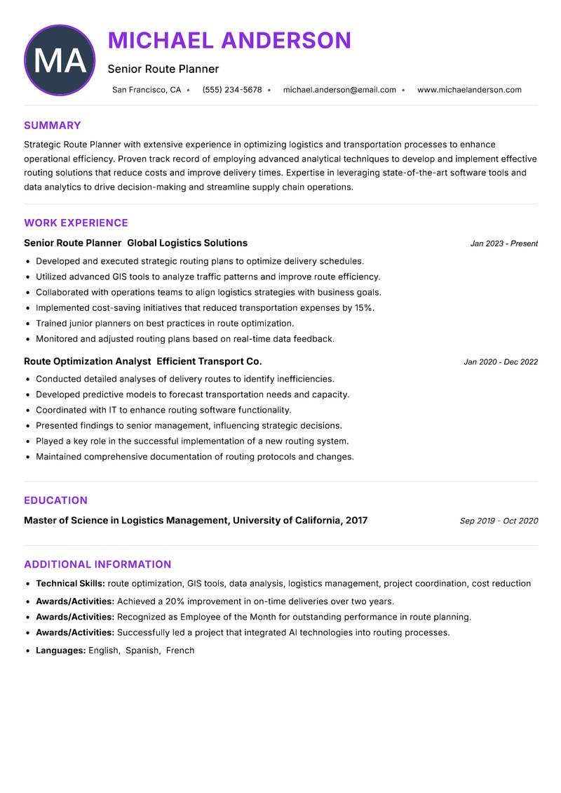 Route Planner resume example