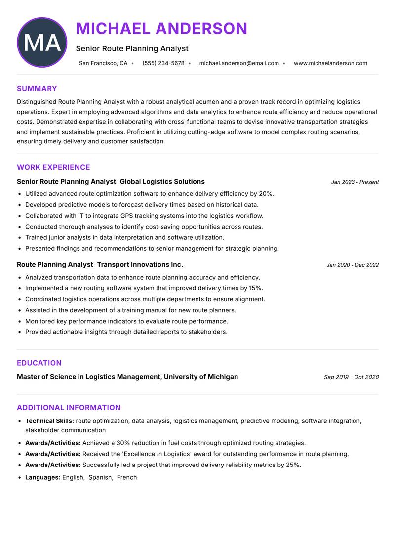 Route Planning Analyst resume example