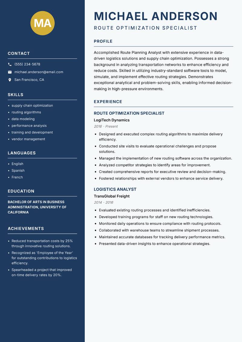 Route Planning Analyst resume sample — Route Optimization Specialist focus