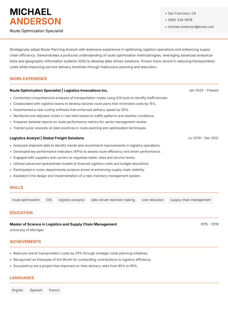 Route Planning Analyst resume sample — Route Optimization Specialist focus