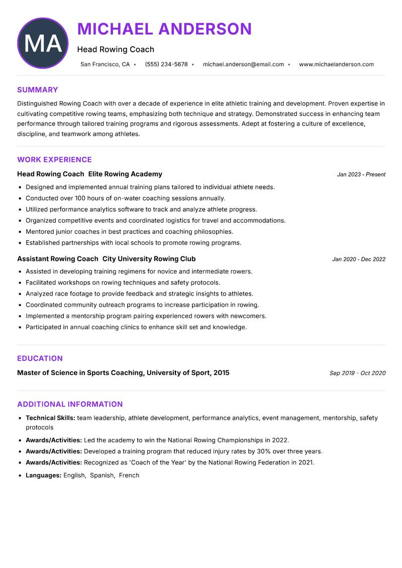 Rowing Coach resume example