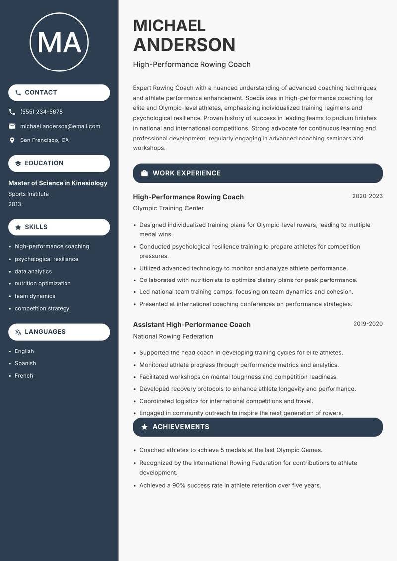 Rowing Coach resume sample — High-Performance Rowing Coach focus