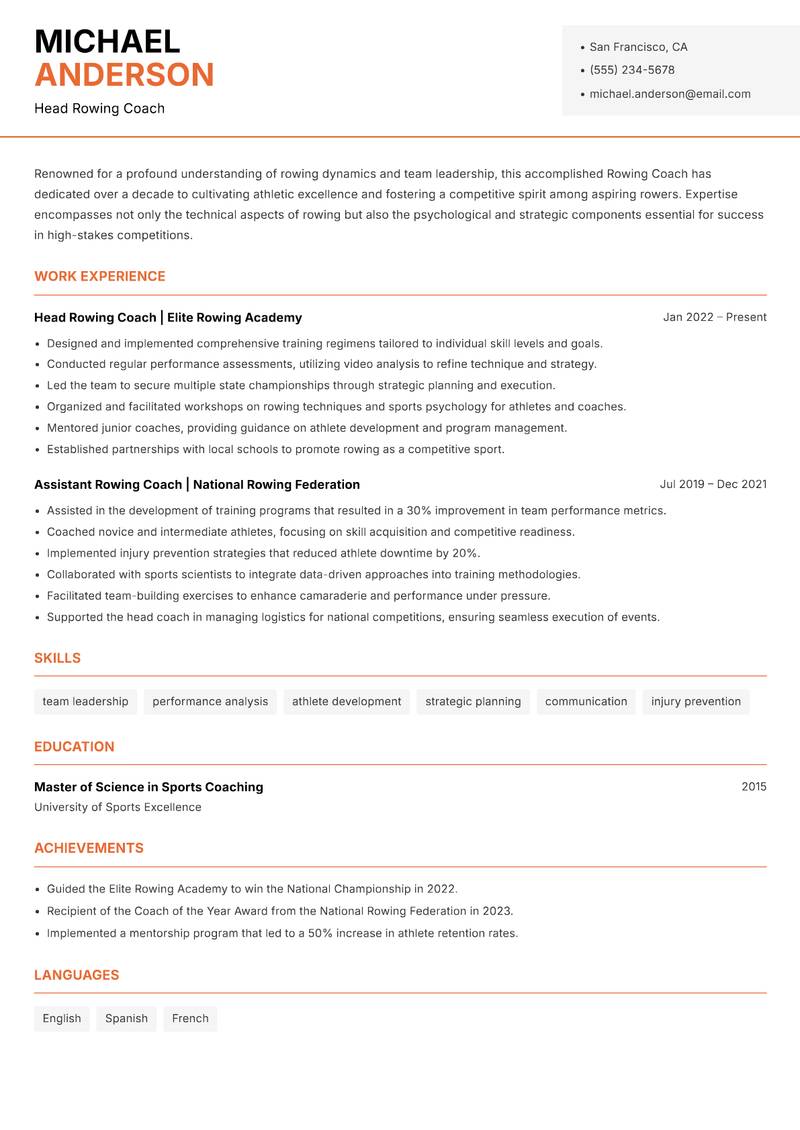 Rowing Coach resume sample — Head Rowing Coach focus