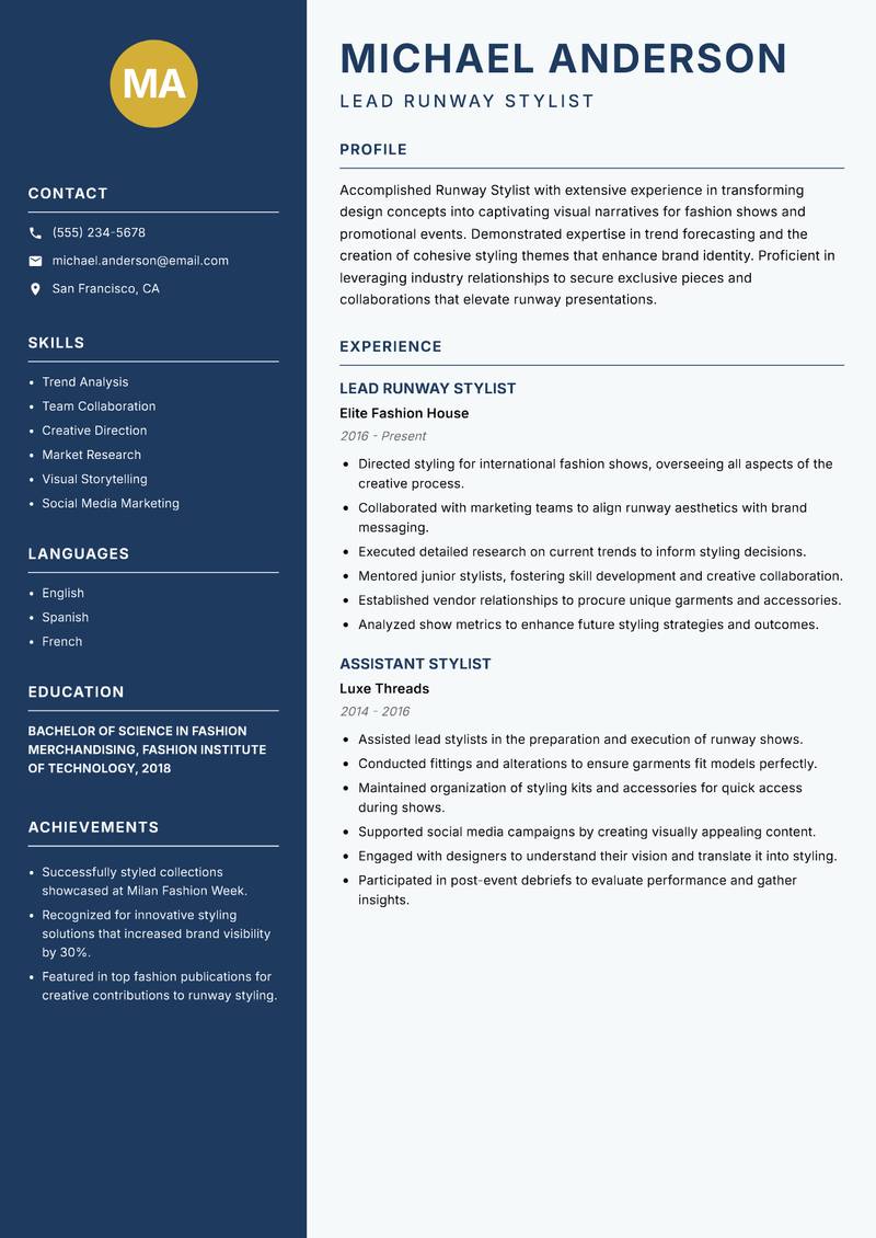 Runway Stylist resume sample — Lead Runway Stylist focus