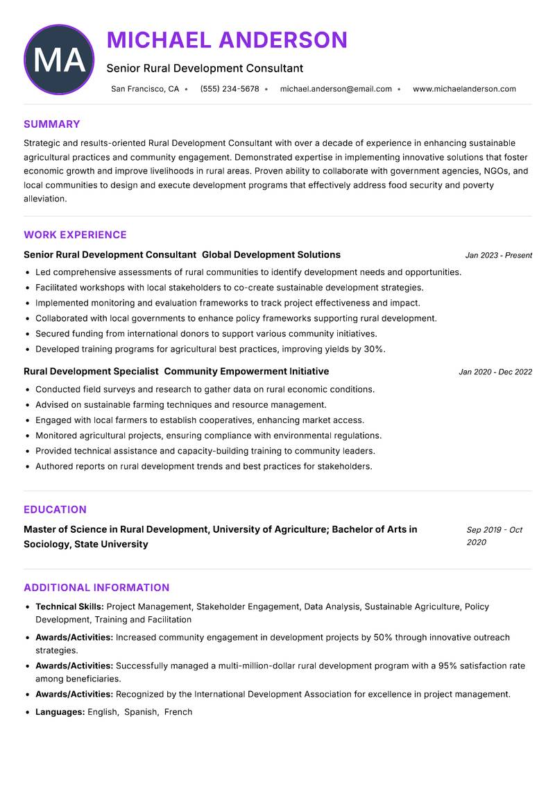 Rural Development Consultant resume example