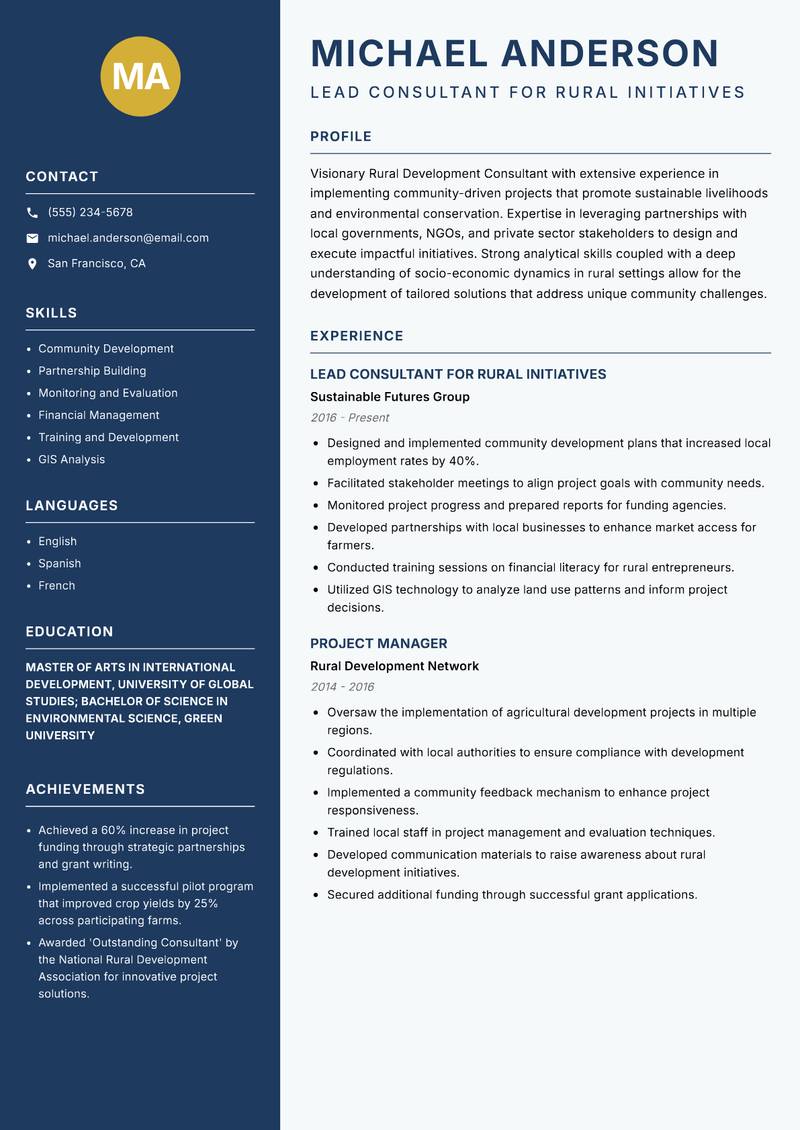 Rural Development Consultant resume sample — Lead Consultant for Rural Initiatives focus
