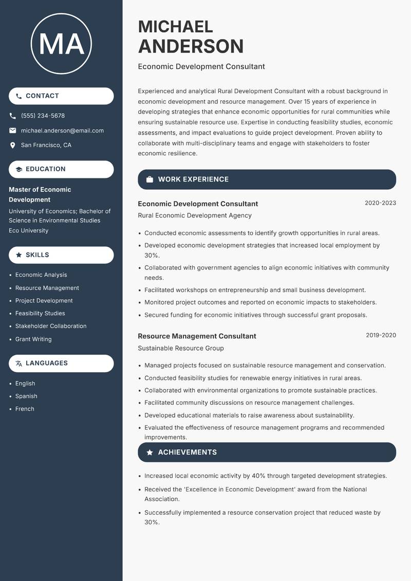 Rural Development Consultant resume sample — Economic Development Consultant focus