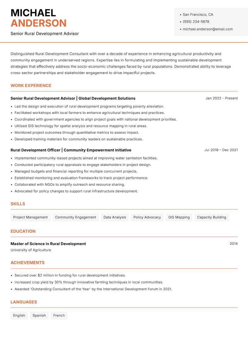 Rural Development Consultant resume sample — Senior Rural Development Advisor focus