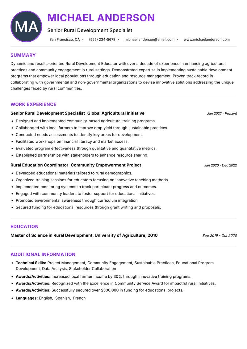 Rural Development Educator resume example