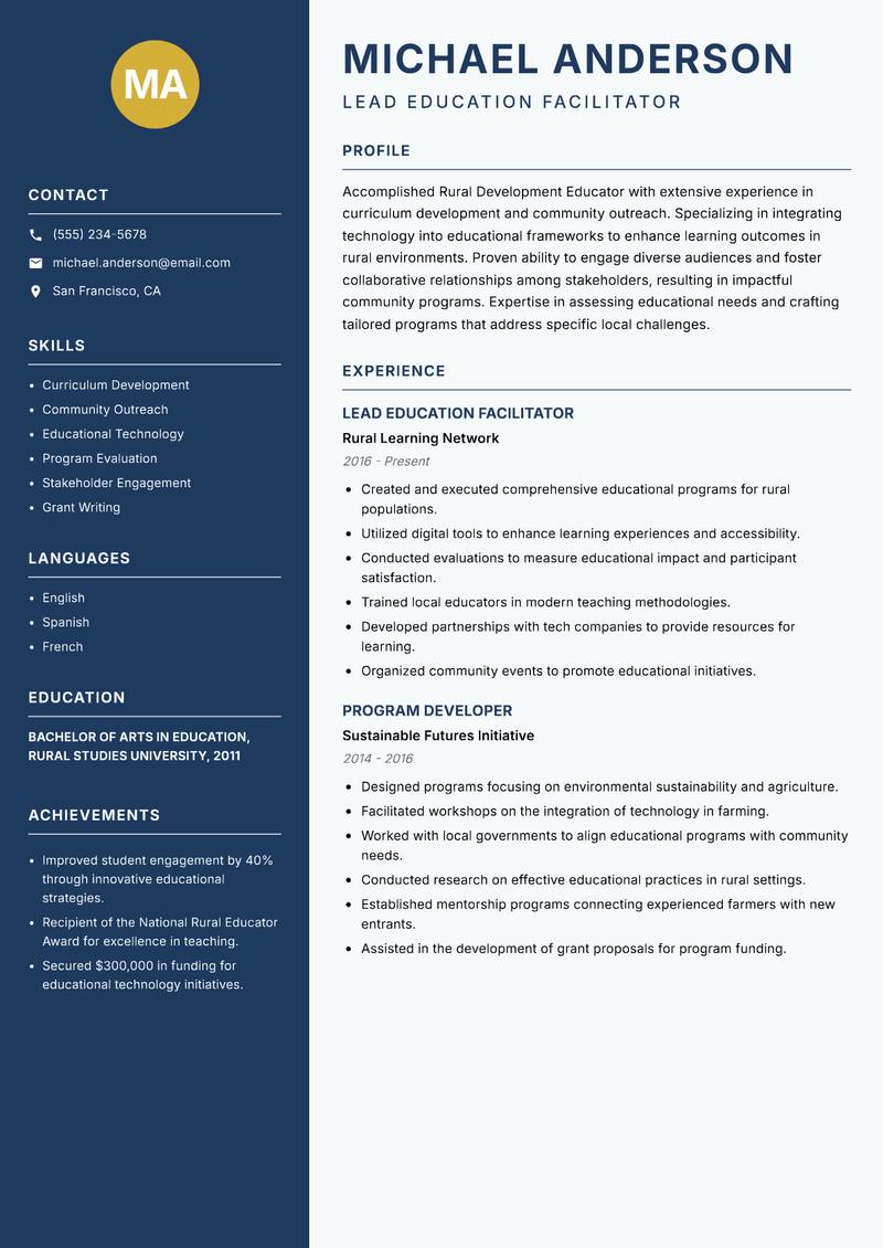 Rural Development Educator resume sample — Lead Education Facilitator focus
