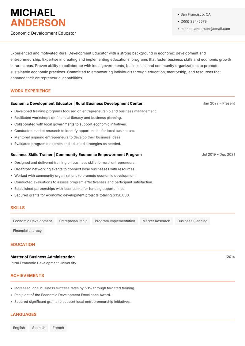 Rural Development Educator resume sample — Economic Development Educator focus