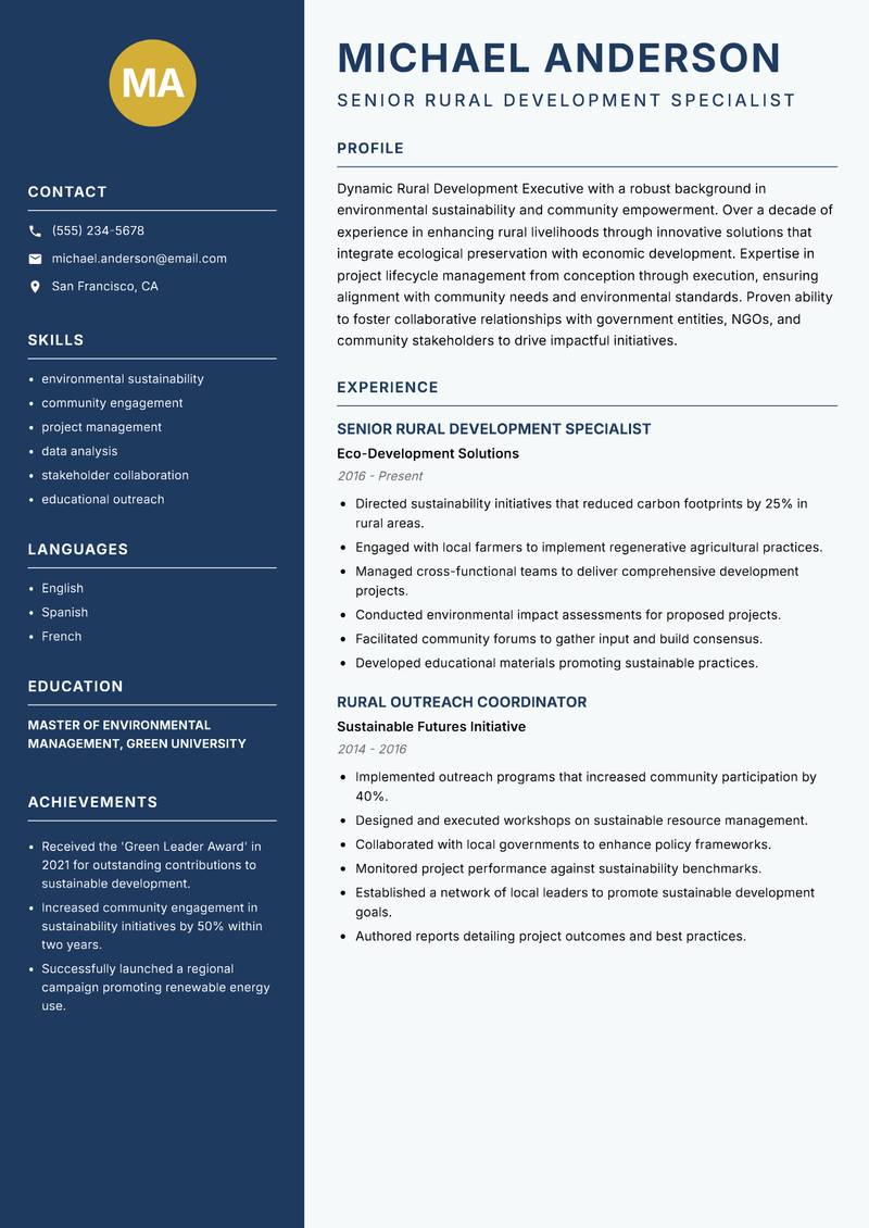 Rural Development Executive resume sample — Senior Rural Development Specialist focus