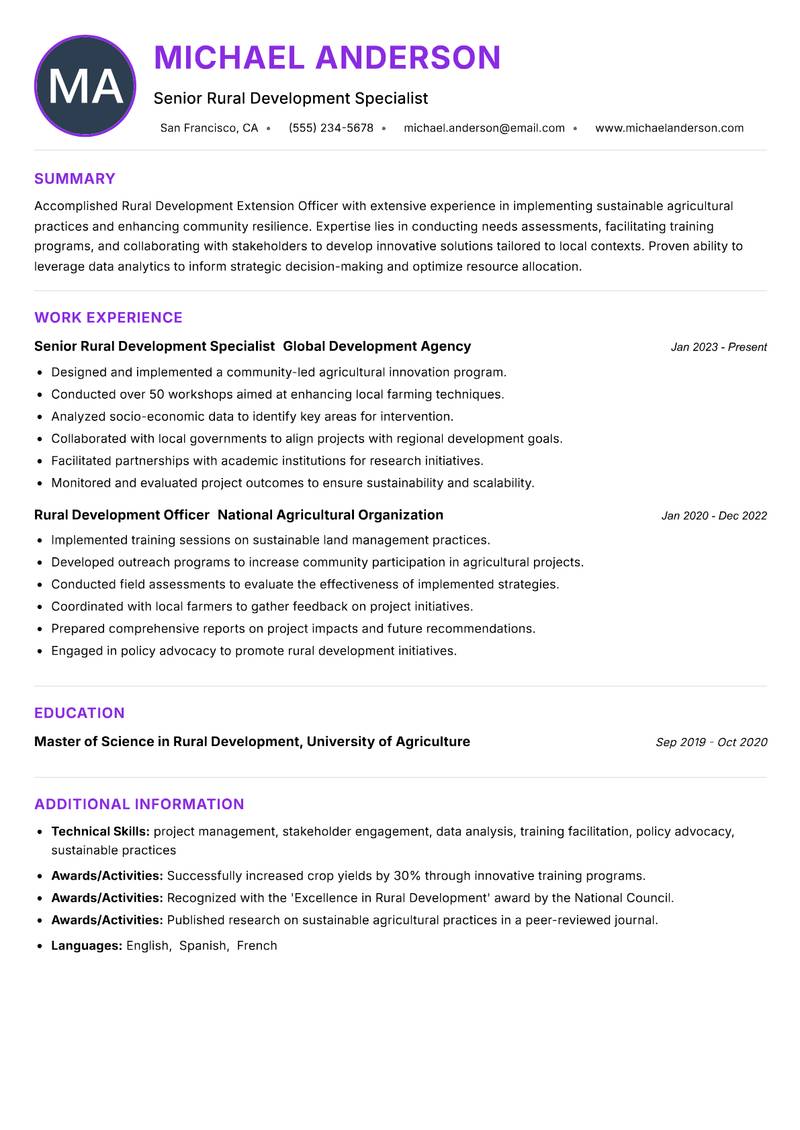 Rural Development Extension Officer resume example