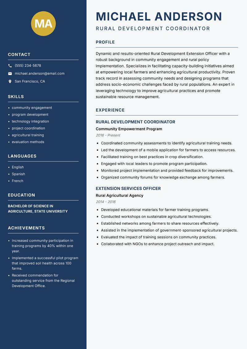 Rural Development Extension Officer resume sample — Rural Development Coordinator focus