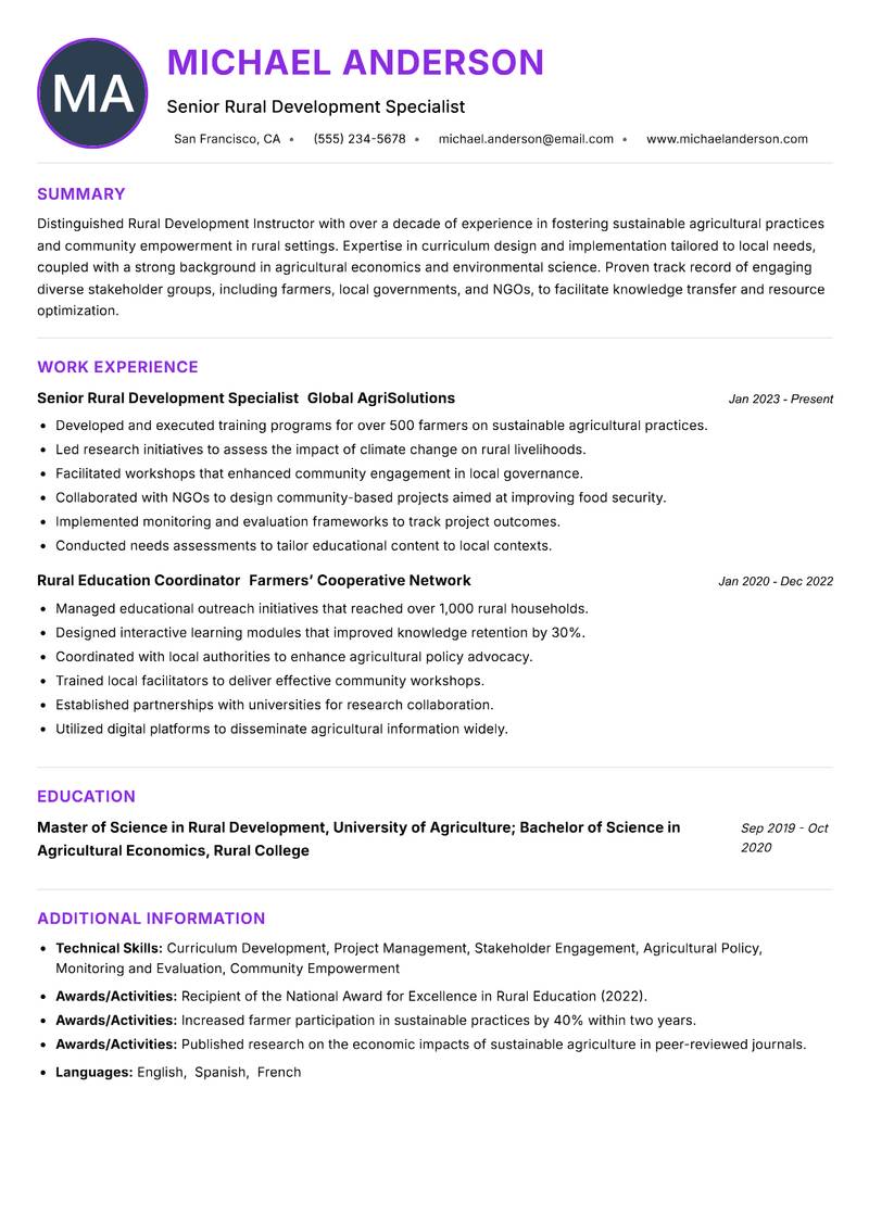 Rural Development Instructor resume example