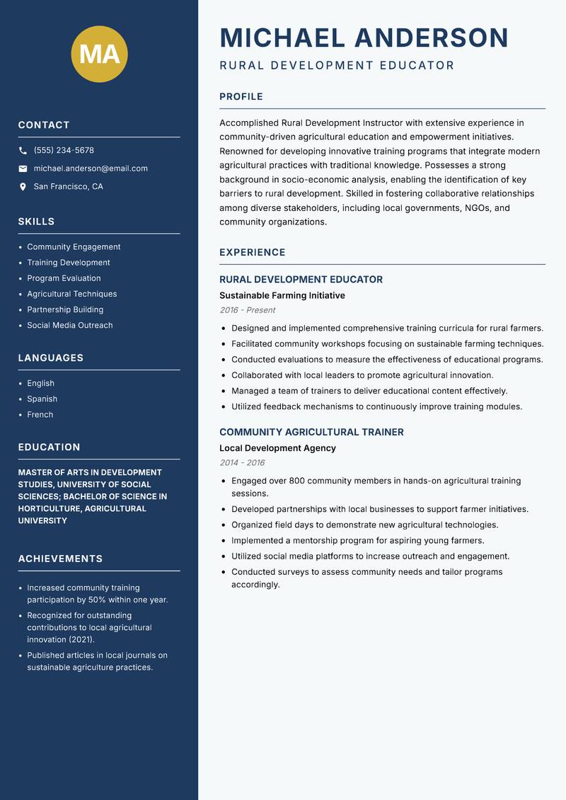Rural Development Instructor resume sample — Rural Development Educator focus