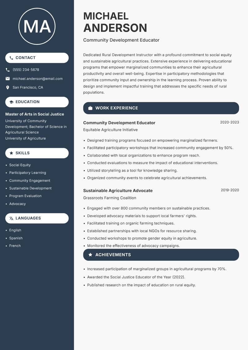 Rural Development Instructor resume sample — Community Development Educator focus