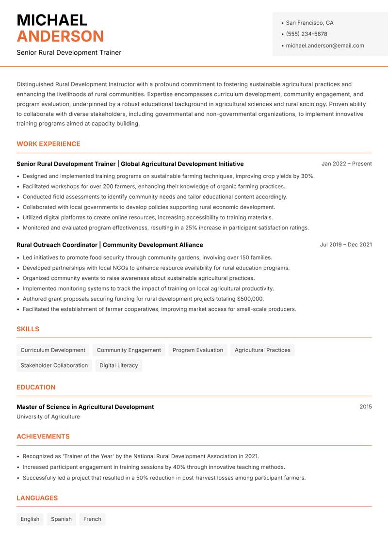 Rural Development Instructor resume sample — Senior Rural Development Trainer focus