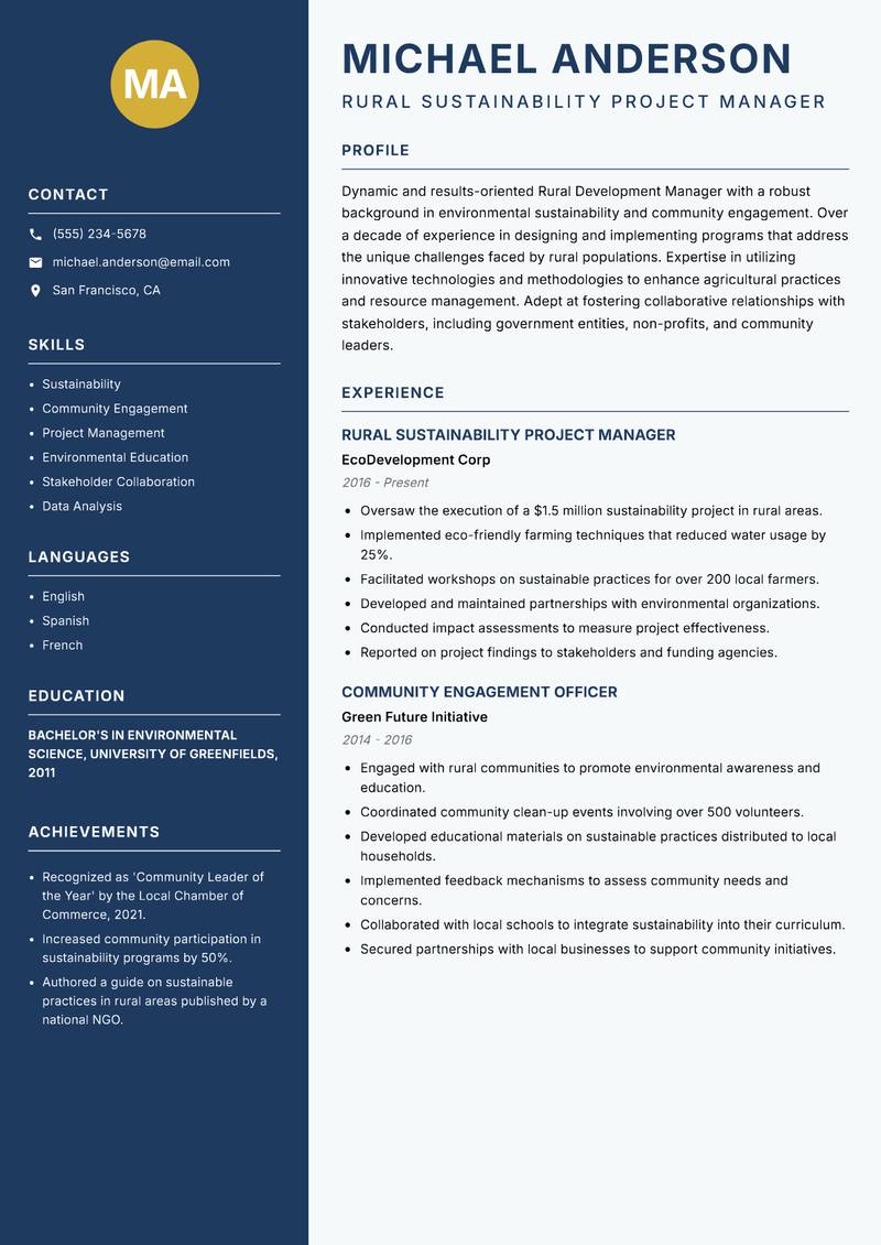 Rural Development Manager resume sample — Rural Sustainability Project Manager focus