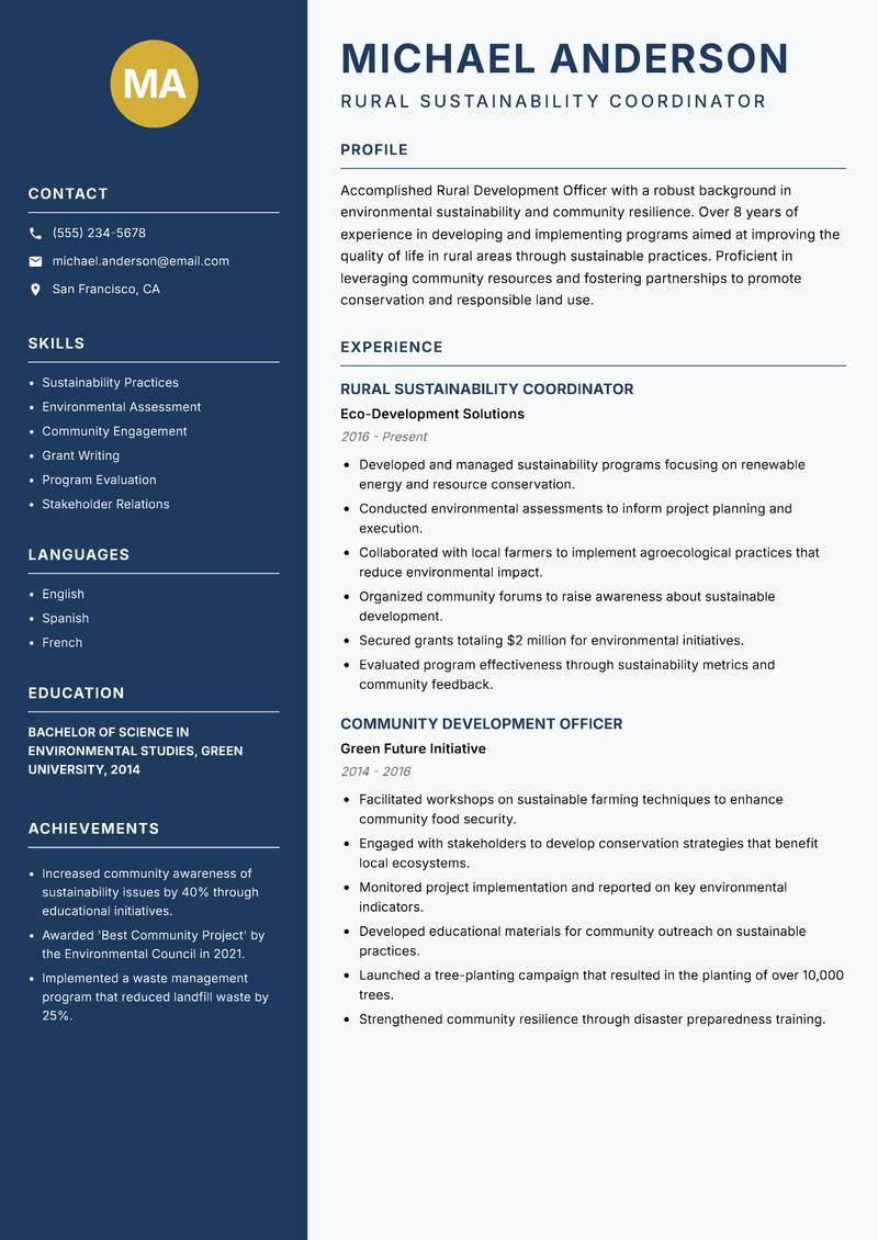 Rural Development Officer resume sample — Rural Sustainability Coordinator focus