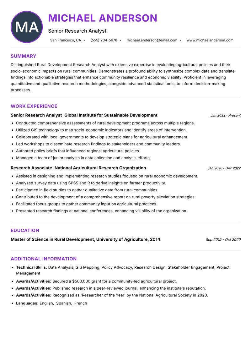 Rural Development Research Analyst resume example