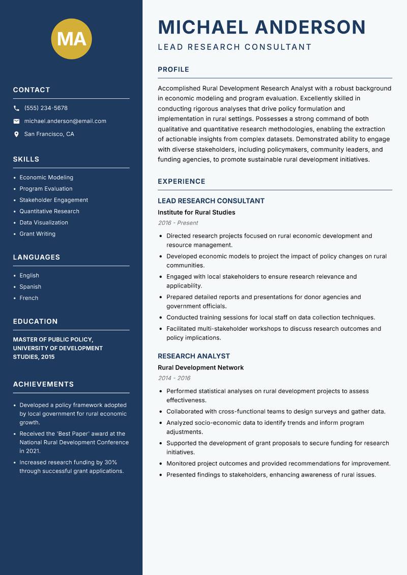Rural Development Research Analyst resume sample — Lead Research Consultant focus