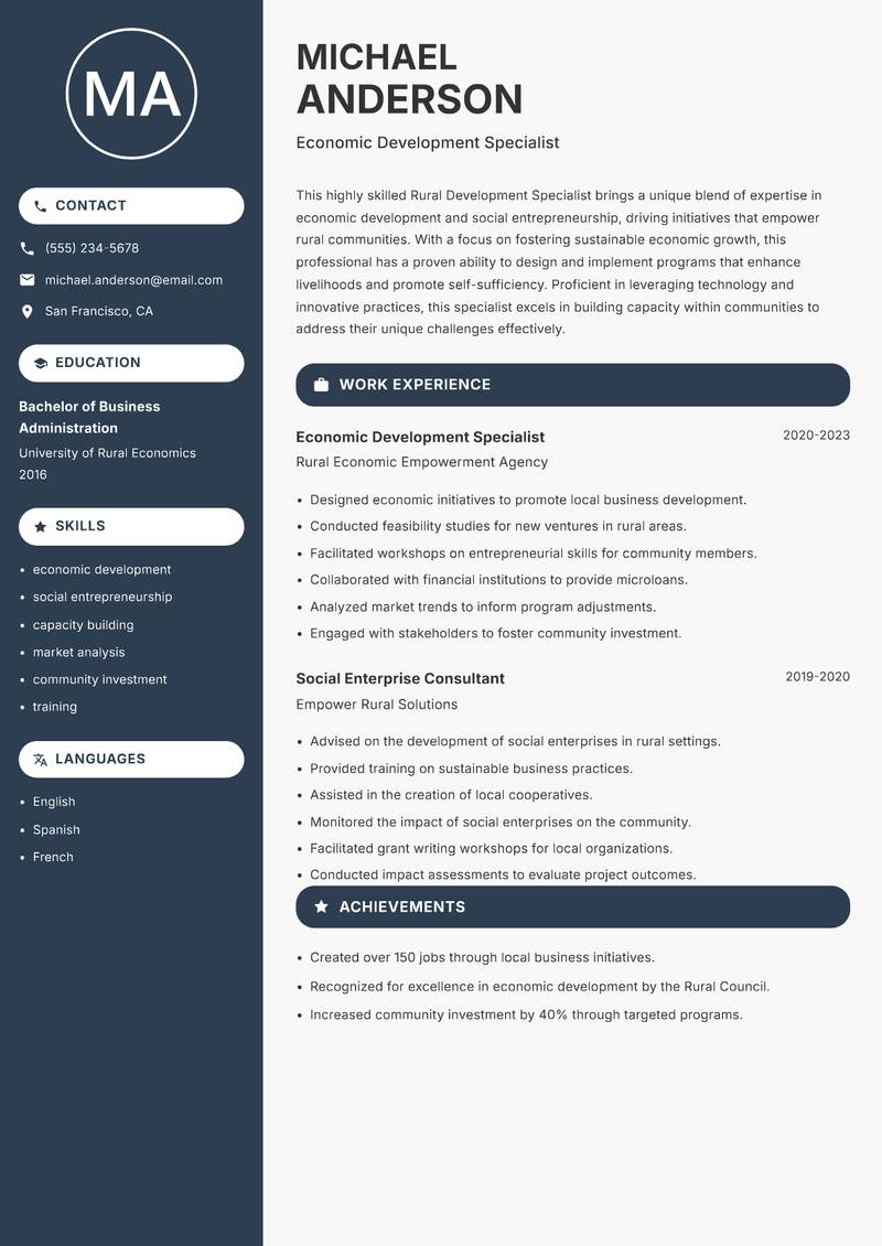 Rural Development Specialist resume sample — Economic Development Specialist focus