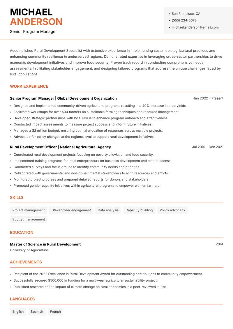 Rural Development Specialist resume sample — Senior Program Manager focus