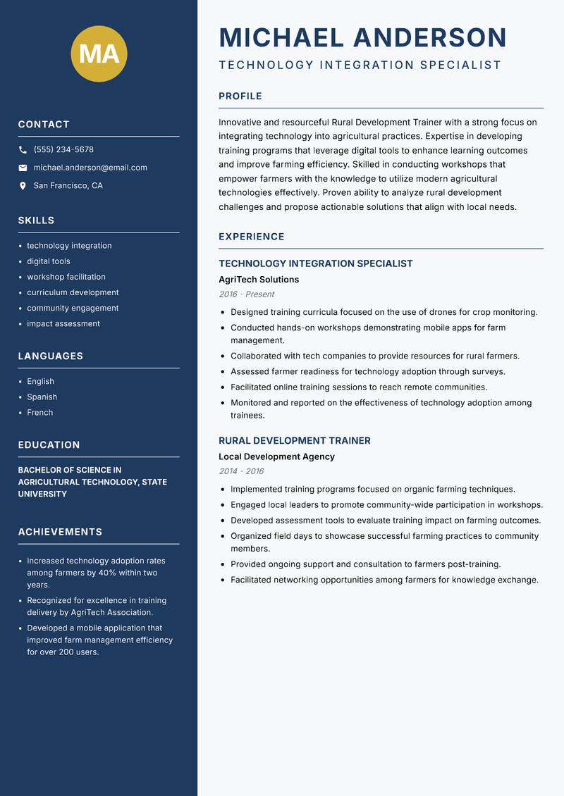 Rural Development Trainer resume sample — Technology Integration Specialist focus