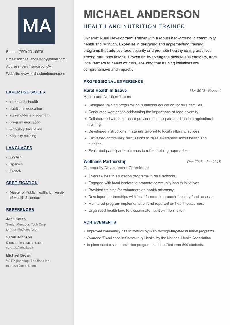 Rural Development Trainer resume sample — Health and Nutrition Trainer focus