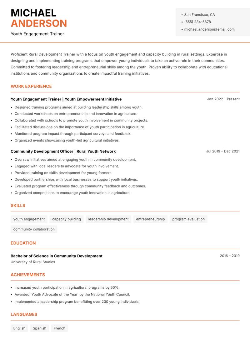 Rural Development Trainer resume sample — Youth Engagement Trainer focus