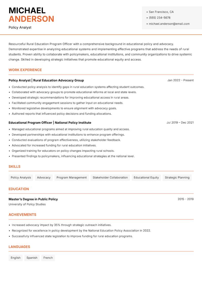 Rural Education Program Officer resume sample — Policy Analyst focus