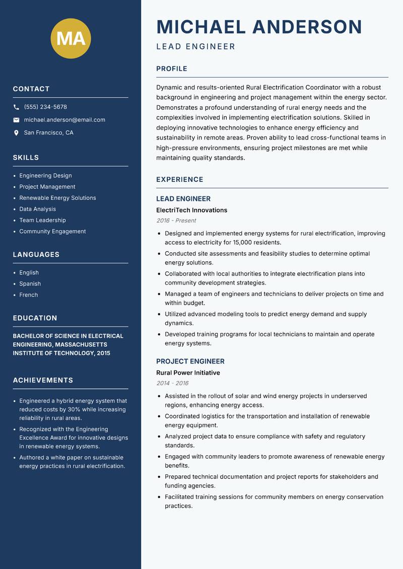 Rural Electrification Coordinator resume sample — Lead Engineer focus